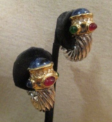 Vintage Ciner Two Tone Gripoix Glass  Moghul Style Clip On Earrings 40 Grams