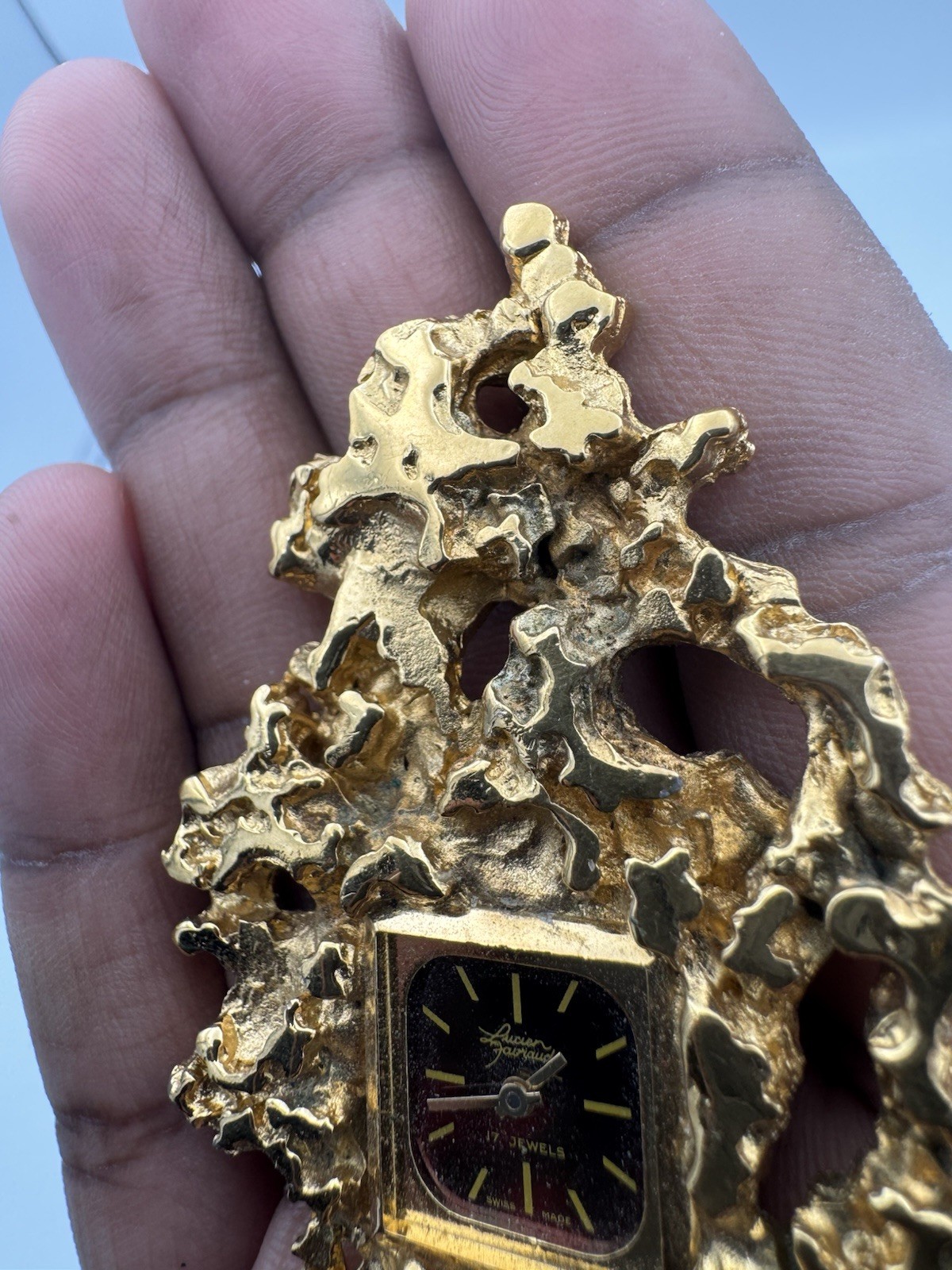 Vintage 1960 Lucien Piccard Brutalist Gold Nugget Textured pendant watch, faulty image 7