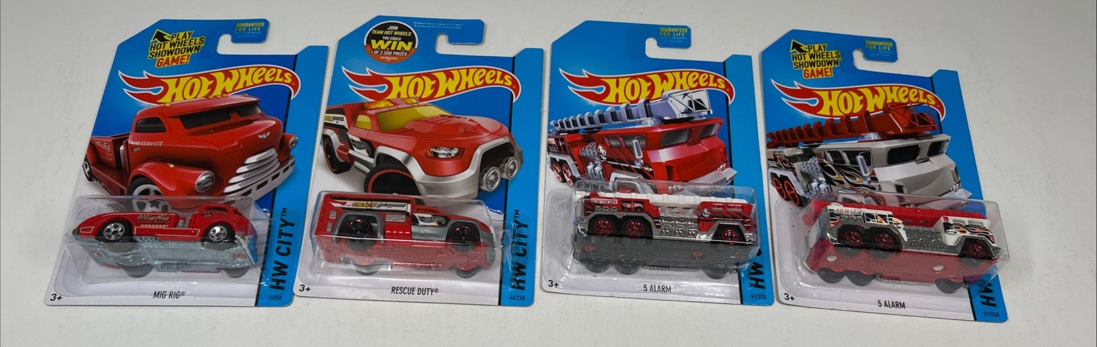 Hot Wheels 2013 5 Alarm White, 5 Alarm Red, Rescue Duty, Mig Rig Lot of 4