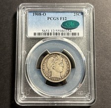 1908-O Barber Quarter — PCGS F12 CAC ✅ Original Surfaces — TrueView 🔥