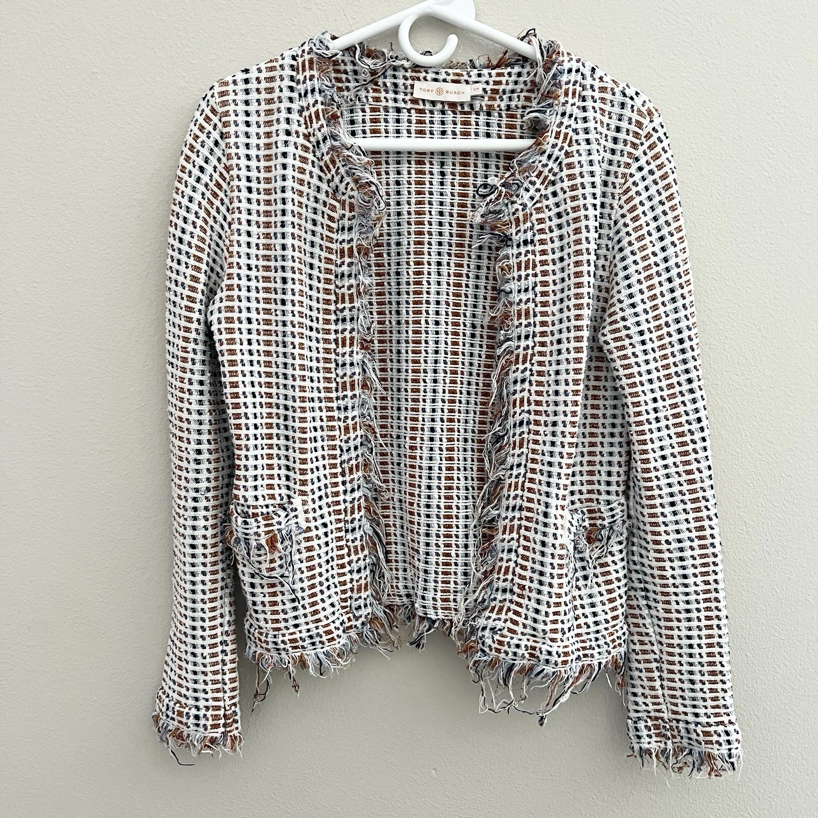 TORY BURCH HOLLIS GIACCA CARDIGAN TWEED MISTO LINO FRANGE taglia S avorio