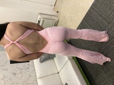 Pink Leopard Jumpsuit Catsuit Halter Cross Back Open Back Flare Leg Pads S