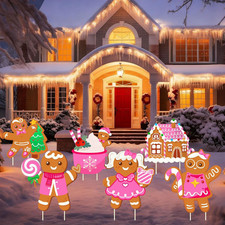 Christmas Gingerbread Man Yard Signs with Stakes Waterproof Pink Gingerbread Man