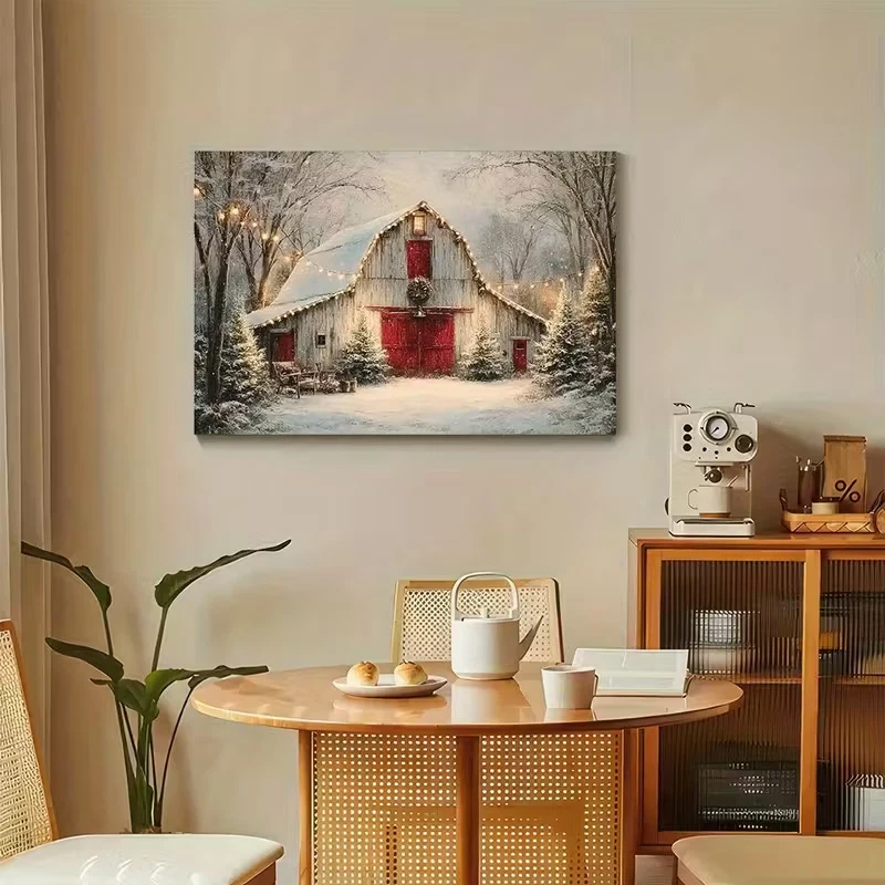 Vintage Farmhouse Christmas Barn Painting - Winter Snow Scene with Red Doors - Image 2 of 4