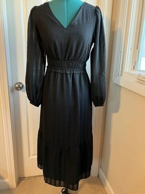 NWT $100 Sz XS LOFT Black Midi Dress Gauze Whimsical Goth Witchy Retro Fit Flare