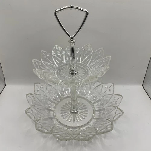 Vintage Federal Glass 1950s Two-Tiered Serving Candy Dish W/ Center Handle 10”