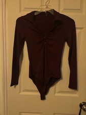 Express Women  s Burgundy Long Sleeve Solid Bodysuit One Piece, Size S