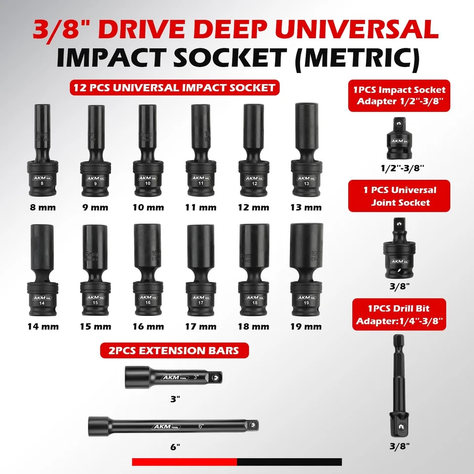 3/8" Drive Universal Impact Socket Set, 17 Piece Swivel Socket Set, Universal... - Image 2 of 4