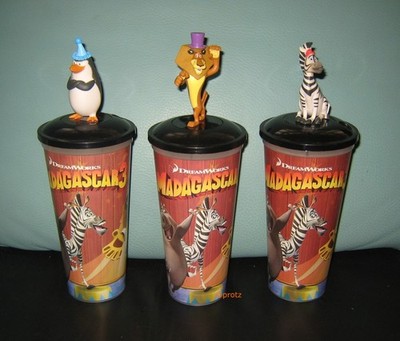 MADAGASCAR 3 mit 3 Topper / Figuren SET KINO TRINK BECHER CINEMA MOVIE CUP - NEU