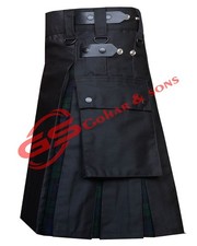 Men's Handmade Black Cotton Black Watch Tartan Hybrid Utility Kilt Custom Size