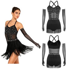 Women Dance Costume Rhinestones Tassel Leotard Dress With Gloves Tango Ballroom