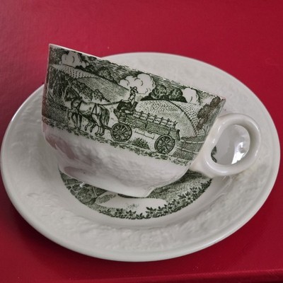 One Pastoral Homer Laughlin Tea Cup With 6 inch Saucer Vintage Green Farm Scene