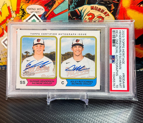  Gunnar Henderson Rutschman 2023 Topps Heritage Dual Auto /25 PSA 10 Rookie Os