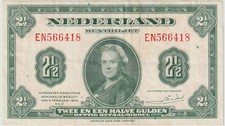 Netherlands 2 1/2 Gulden Banknote 1943 Choice Very Fine Condition Pick#65