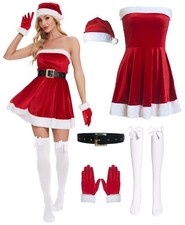 Women's Mrs. Claus Santa Costume 6 Pcs Velvet Christmas Dresses for Women wit...