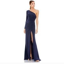 Ienna Mac Duggal One Sleeve Gathered Waist Ruched Maxi Long Navy Gown Size 12