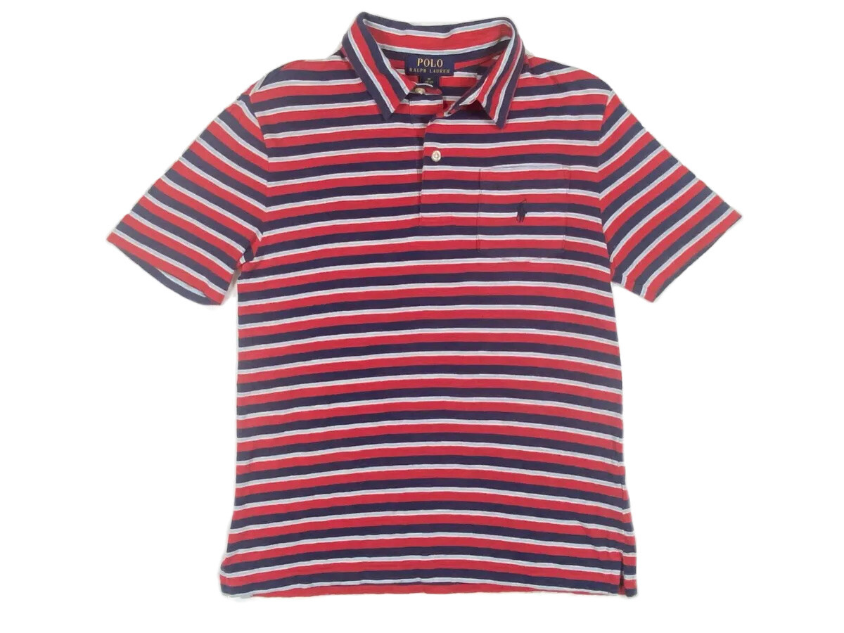 POLO Ralph Lauren Boys Red White Blue Stripe Jersey Knit Polo Size 