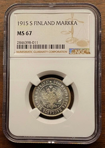 💎 Gem! 1915 S Russia Finland 1 Markka NGC MS67 Superb Brilliant Uncirculated