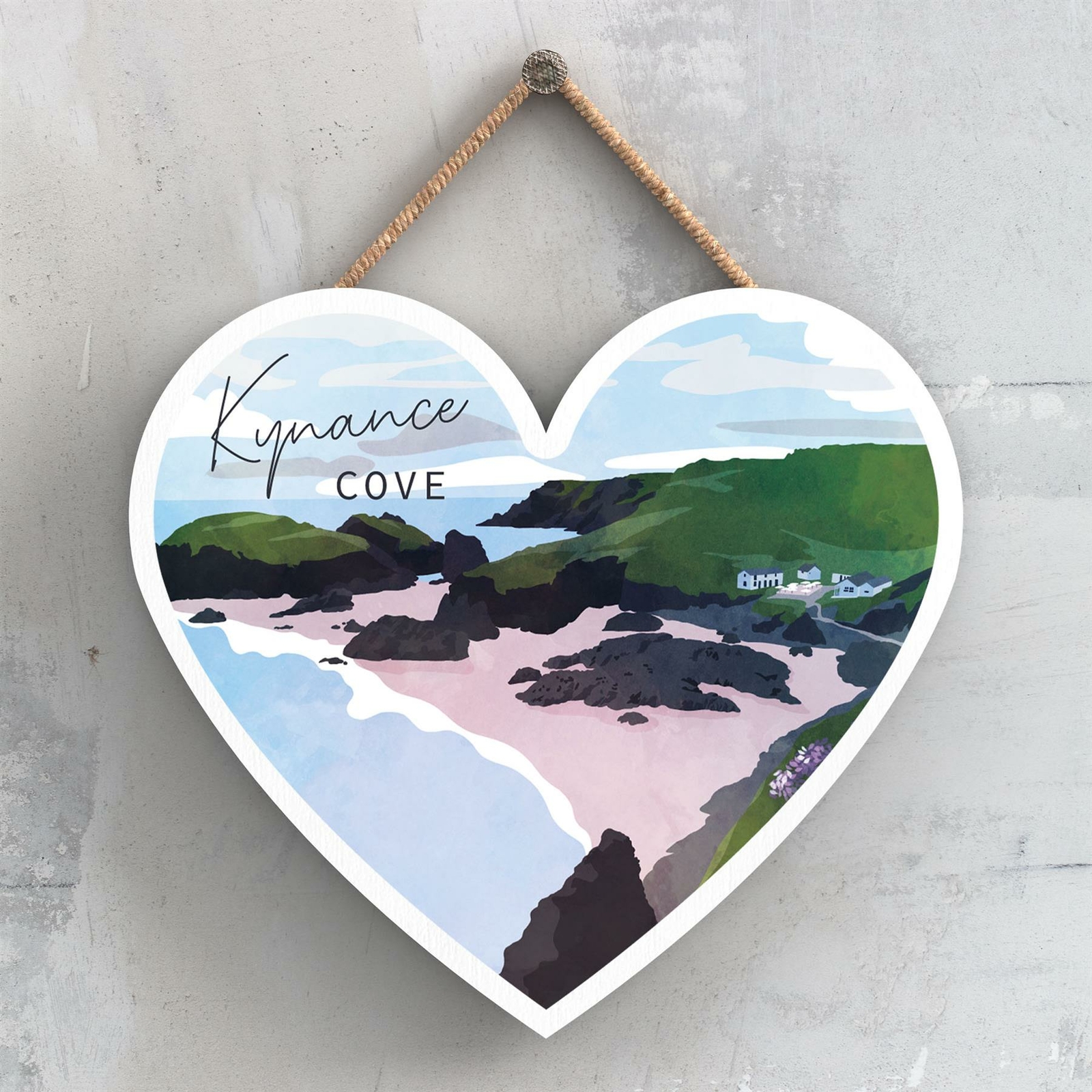 KYNANCE COVE ILLUSTRATION PRINT CORNWALL WOODEN HANGING PLAQUE
