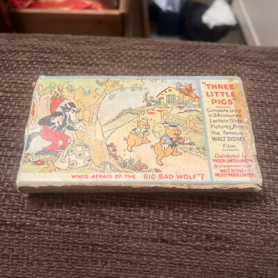 Walt Disney Magic Lantern Glasdias drei kleine Schweine böser Wolf verpackt 1940er