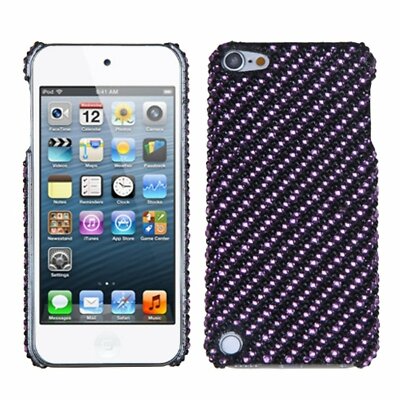 Asmyna Stripe Purple/Black Diamante Back Protector Cover for iPod touch 5