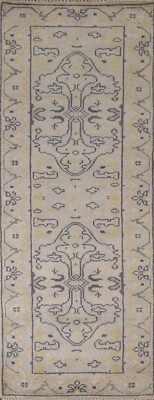 Geometric Light Green/ Light Blue Oushak Handmade Narrow Runner Rug 3'x8' Carpet