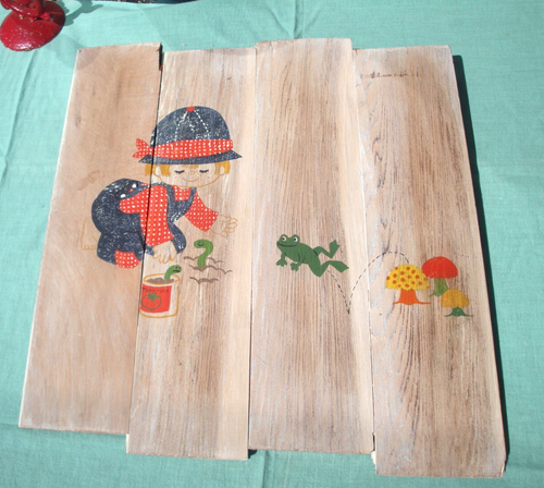 Vtg Farm Boy Fishing Rustic Wall Art Farm House Cottage Core Wood Mushroom Lot 3 - Picture 3 of 13