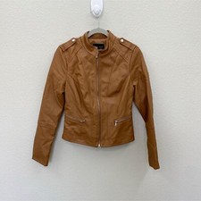 Therapy Cognac Faux Leather Full Zip Moto Biker Jacket Womens Size Medium New