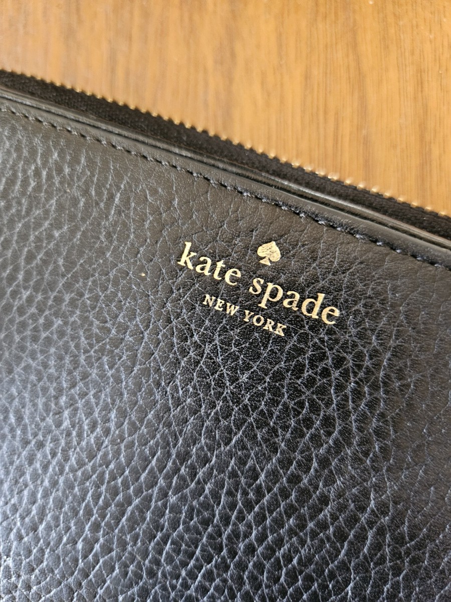 Kate Spade Zip Around Wallet Black Textured Leather Gold Zipper