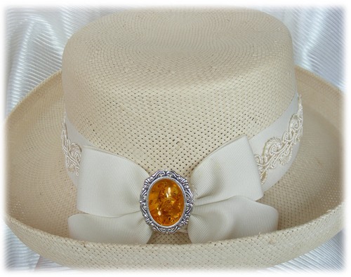 HATPIN WITH AMBER CABOCHON CAMEO - SILVER FINISH SETTING - 8" hat pin - Picture 3 of 8