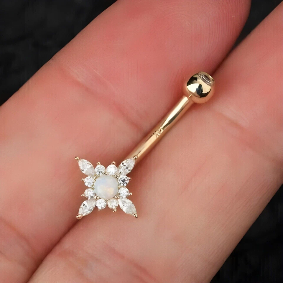 Anillo ombligo ópalo de fuego creado en laboratorio corte redondo de 1,75 quilates acabado oro amarillo de 14 k Foto 4 de 4