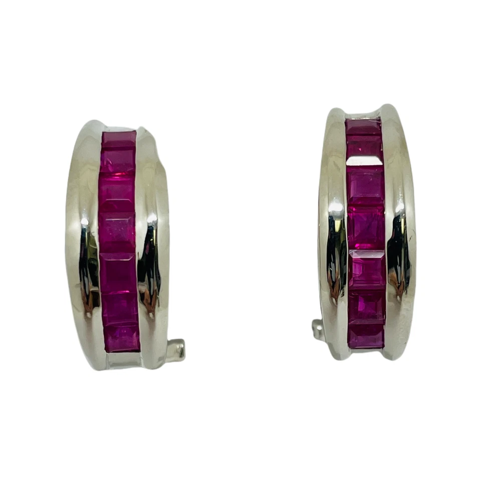 Natural Pink Ruby Channel-Set Hoop Earrings 14k Solid White Gold - Image 2 of 4