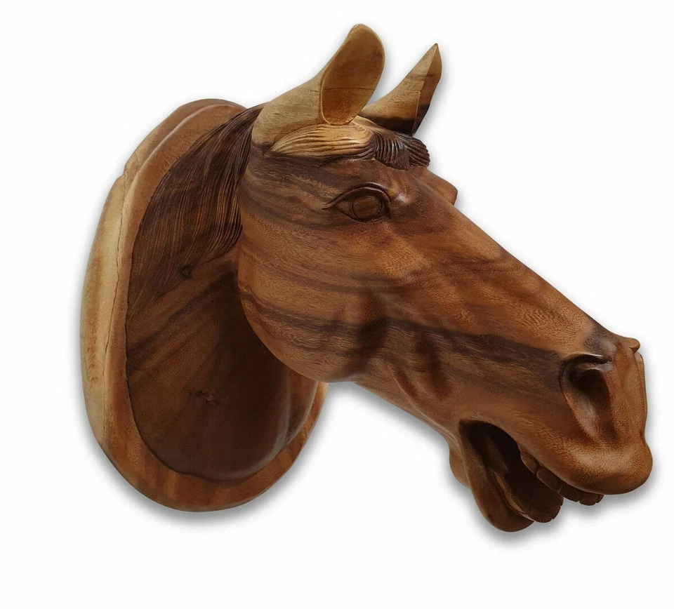 Tallado caballo 15 11/16 pulgadas madera maciza cabeza de caballo pared escultura granja jinete decoración Foto 2 de 3