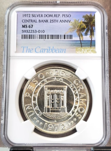 1972 DOMINICAN REPUBLIC SILVER 1 PESO CENTRAL BANK ANNIV NGC MS 67 RARE GEM BU