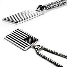 Stainless Steel USA American Flag Stars & Stripes Pendant Box Chain Necklace 24"