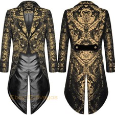 Mens Gothic Steampunk Tailcoat Jacket Black Brocade Damask Wedding Coat Vintage
