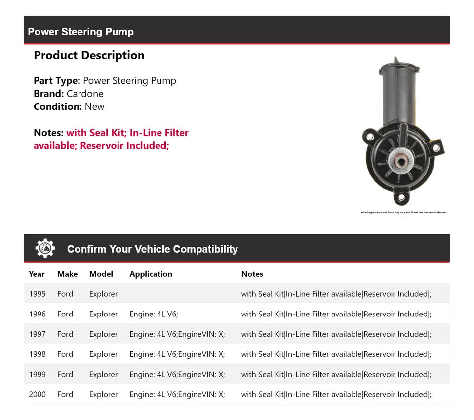 Bomba de dirección asistida Cardone 1996 1997 1998 1999 para Ford Explorer 1995-2000 Foto 2 de 4