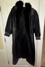Vintage Genuine Leather Coat Womens Medium Southwest Aztec Fox Fur Tuxedo Jacket