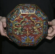 8.4 " Old Chinese lacquerware Dynasty Palace Word 6 corners 2 Dragons Box