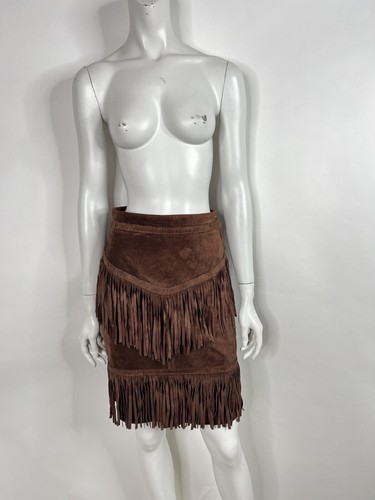 VTG MOSCHINO 80s BROWN SUEDE FRINGE SKIRT 42 S