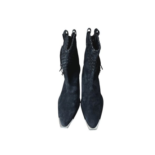 Schutz Alexxa Black Suede Western Fringe Boots Metal Toe Caps Women 8B NWOB - Picture 3 of 8
