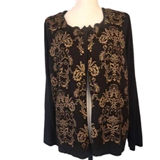 CJ BANKS 3X Gorgeous Lux Rich Black Open Cardigan Metallic Gold Brocade Front