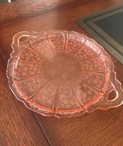 Vintage 1930's Pink Cherry Blossom Double Handle 10-3/8" Cake Tray / Plate R5 - Picture 5 of 5