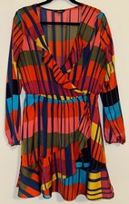 Womens EXPRESS Dress Large Color Block Elastic Waist Ruffle Wrap Preowned EUC