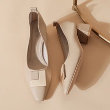 Classic Leather Womens Mid Heel Pumps With Metal Accents For Daily Office Wear