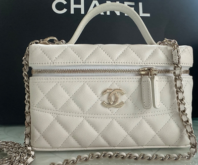 New CHANEL 26C Slim Vanity on Chain BIG CC Top Handle White Caviar
