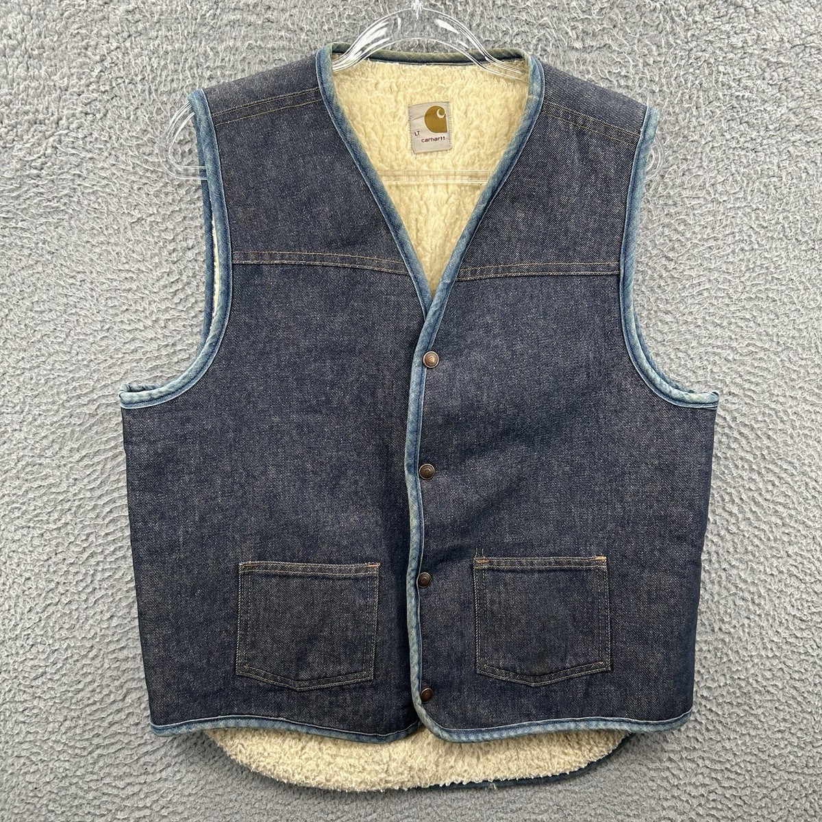 Vintage Carhartt Vest Mens Large Tall Blue Medium Wash Denim Sherpa Lined  Snap