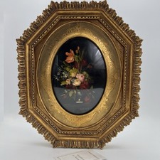 Quadro antico dipinto a olio su rame quadretto fiori cornice oro stile barocco 2