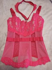 32C Victoria  s Secret red lace lined corset high neck strap teddy corset