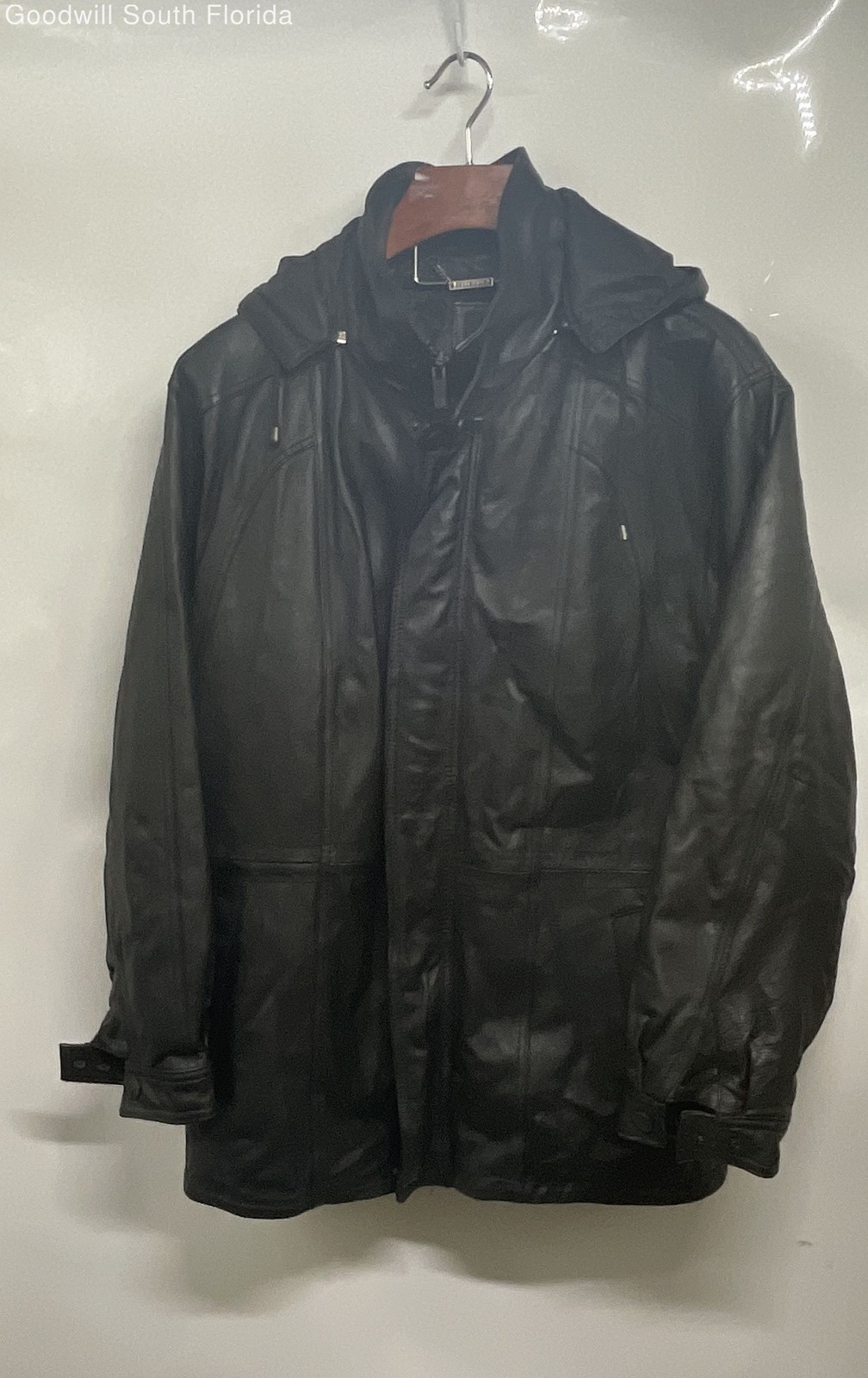 Pelle Cuir Mens Black Genuine Leather Long Sleeve Front Zip Parka Jacket Size L